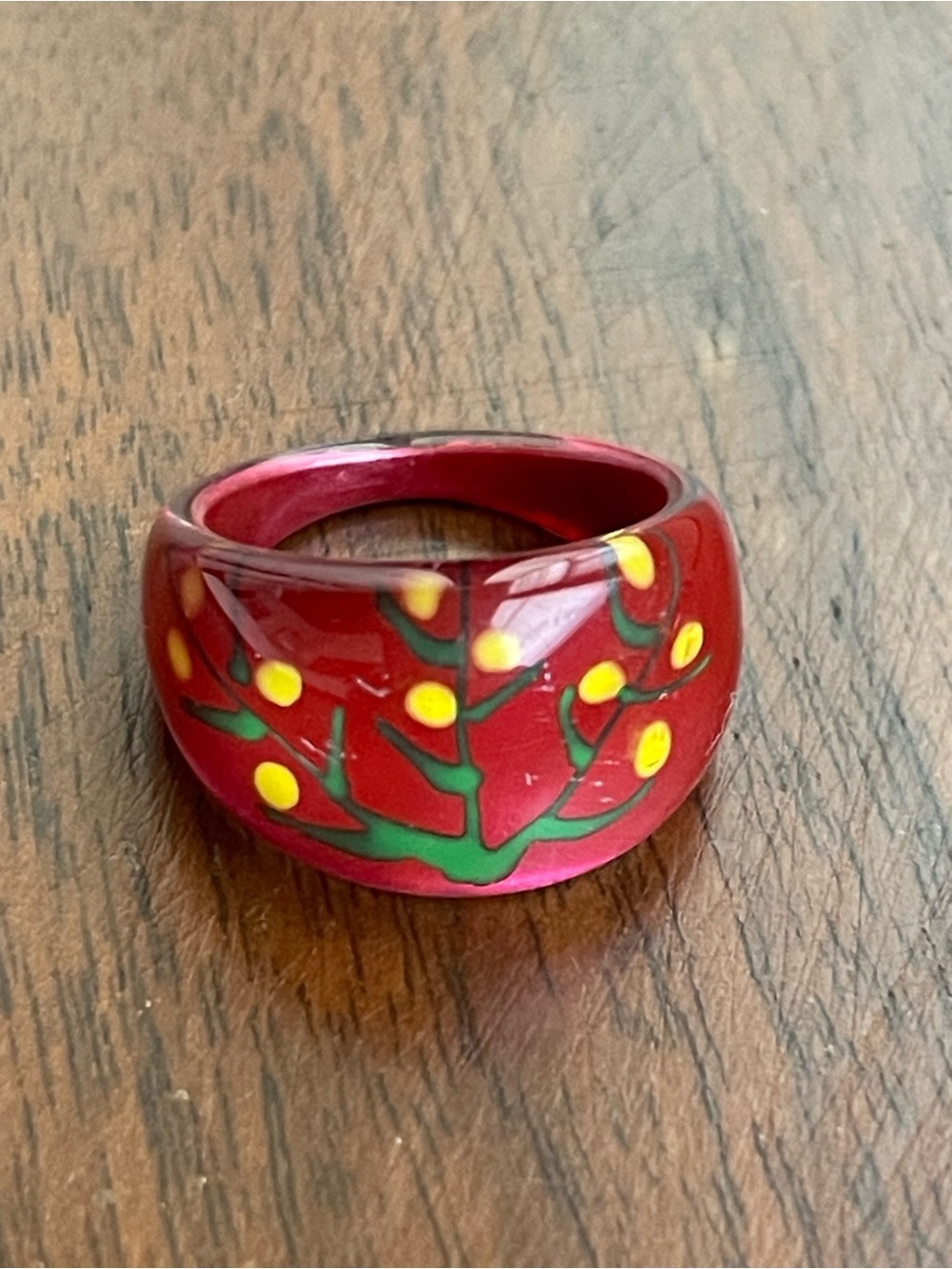 Red Floral Bubble Ring with Green & Yellow Artwork